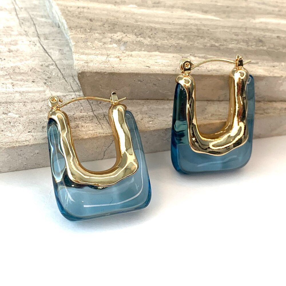 NEW~ Anthropologie Blue Resin Rectangle Hoop Earrings